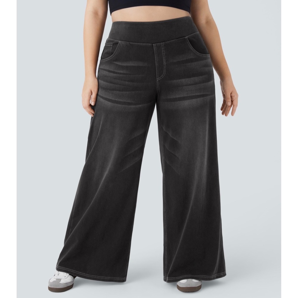 Halara Flex High Waisted Wide Leg Washed Baggy Jeans Black Plus 1X